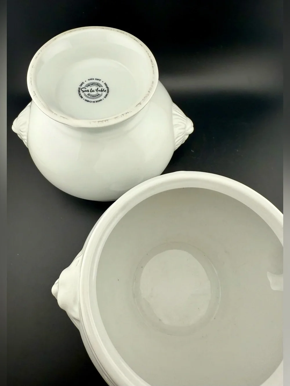 2 Sur La Table lion head handles soup bowls. Large. White porcelain. 38 oz